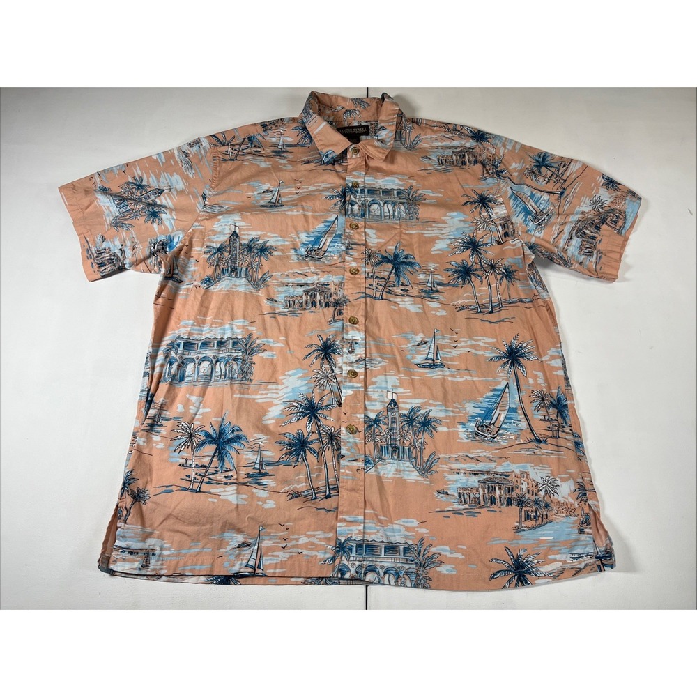 Cooke Street Hawaiian Shirt Aloha Tower Palms Sail Boat Cotton Men's XXL